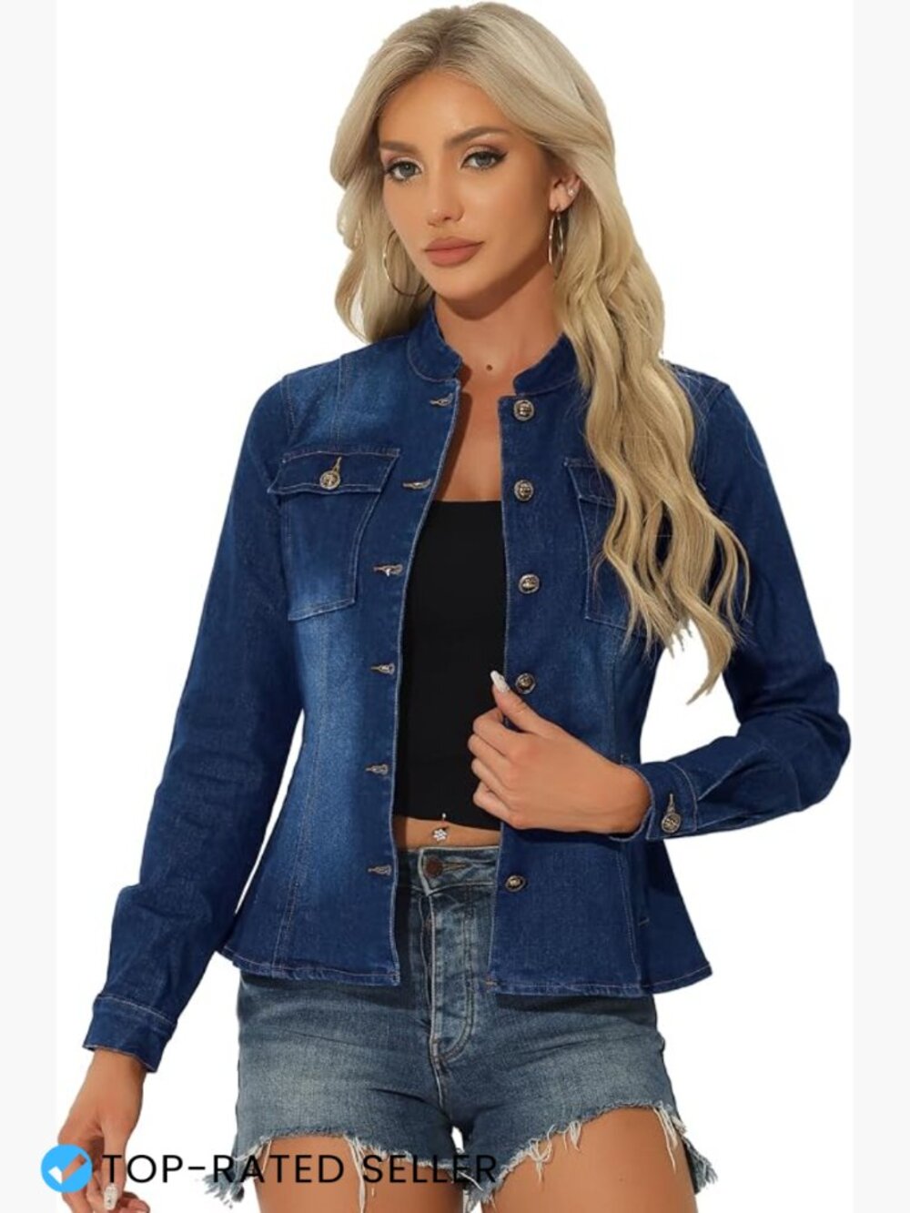 Classic Denim Jacket Women Vintage Button Front Flap Pockets Long Sleeve Retro